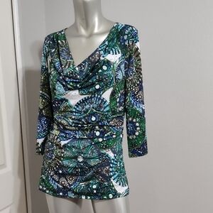 Carmen Marc Valvo Blue and Green Cowl Neck Blouse